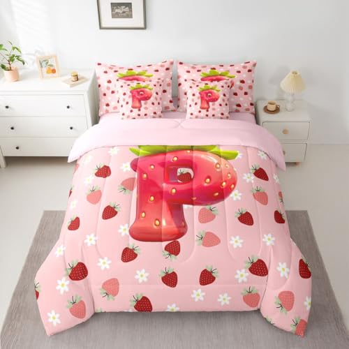 Image of Feelyou Girls Strawberry Comforter Set Full Size 7 Pieces Pink Strawberry Bedding Set for Kids Boys Girls Initial Letter P Bed in a Bag with Comforter, Sheets, Pillowcases, Cushion Covers