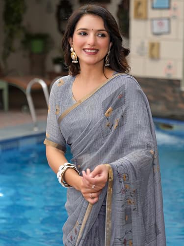 Image of SIRIL Women's Cotton Linen Printed Zari Border Saree with Unstitched Blouse Piece