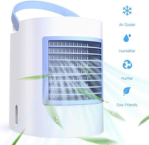 ShookOne Portable Air Conditioner Small Personal USB Air Cooler, Humidifier and Purifier Desktop Cooling Fan with Breathing LED Night Light and 3 Speeds for Office Home Travel (Blue)