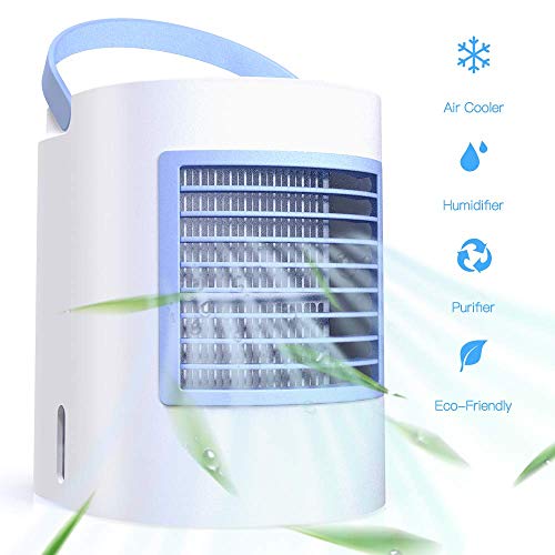 ShookOne Portable Air Conditioner Small Personal USB Air Cooler, Humidifier and Purifier Desktop Cooling Fan with Breathing LED Night Light and 3 Speeds for Office Home Travel