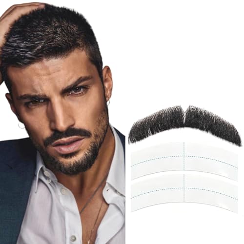 Fake Mustache & Fake Beard, Handmade Human Hair Mustache, Invisible Lace Design for Daily Use, Role-Playing, Drama, Halloween, Fashion Parties and Any Venue, Highlighting Personal Style (Black-2)