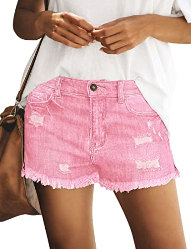 Luvamia Women's Casual Mid Rise Denim Shorts Stretch Ripped Raw Hem Jean Shorts Jeans Cutoff Shorts Jean Shorts Women Curvy Womens Shorts Denim Viva Magentasnow Wash Hot Pink Size Xlarge #TOP6