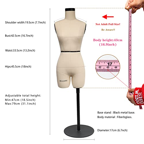 De-Liang Half Scale Dress Form（Not Adult Full Size） 1:2 Miniature Sewing Half Size Mannequin Not Fully Pinable Dressmaker Dummy 43Cm Body Height Female Torso Tailor Model For Draping Beige #TOP2