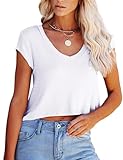 WMZCYXY Women V Neck Crop Tops Cap Sleeve Loose Fit Cropped T Shirts Casual Summer Solid Color Basic Tees (White,Medium)