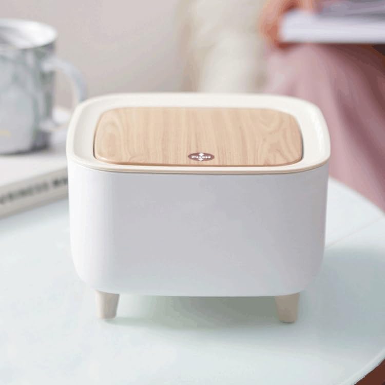 Slyford Mini Portable Tabletop Dustbin, Mini Trash Can with Lid - Wastebasket for Bathroom Vanity, Desktop, Tabletop (Square Press - White)-image-22