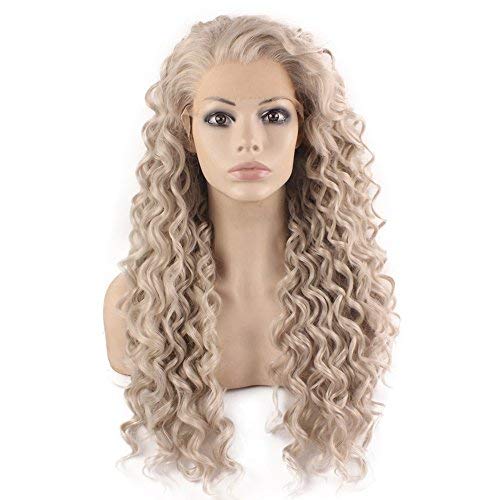 MX angel Long Heat Resistant Synthetic Hair Celebrity Silver Gray Stylish Curly Lace Front Wig