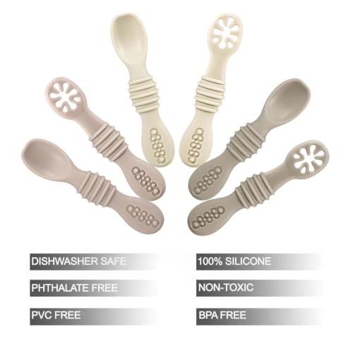 Foto von PandaEar Silikon Babylöffel Lernlöffel blw Löffel, 6 Stück Weich Esslernlöffel Baby Löffel Brei ab 4 6 Monaten zum Selber Essen, BPA frei Breilöffel Baby Spoon Self Feeding (Beige/Hellbraun/Braun)