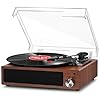 Giradischi Vinile, FYDEE Giradischi Portatile Vintage Bluetooth con 3 Velocità 33/45/78 RPM e 2 Altoparlanti Incorporati, Lettore di Vinile Retro Supporto per Cuffie, RCA, AUX - Noce