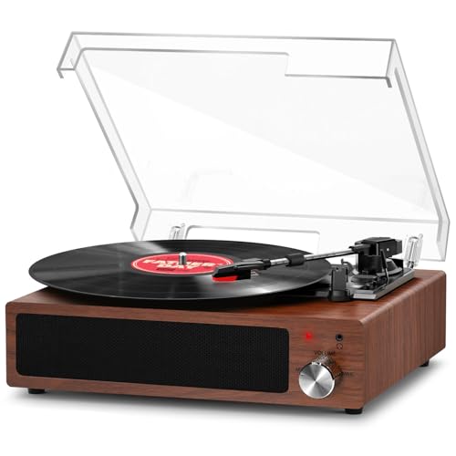 FYDEE Tocadiscos de Vinilo Vintage Bluetooth Portátil con 3 Velocidades (33/45/78 RPM), Altavoces Estéreo Integrados, Reproductor Retro con Conexión para Auriculares de 3.5 mm, RCA y AUX, Nuez