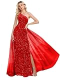 One Shoulder Sequin Prom Dresses Long for Women 2025 Mermaid Ball Gown Tulle Formal Evening Gowns Size 8, Red