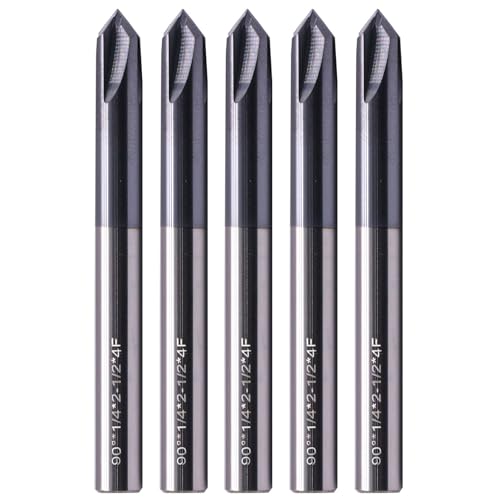 Image of 4 Flute 90 Solid Carbide Chamfer End Mill Set(5Pcs, 1 /4 inch), AlTiN Coated | 90 Chamfer Angle, 1 /4 inch Shank 2-1 /2 inch OAL, Single End, V Groove Router Bit, for Milling Alloy Steel, Carbon Steel, Cast Iron