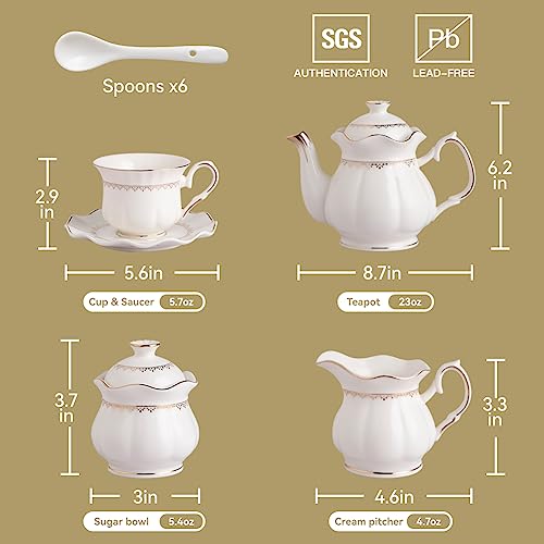 Sweejar Porcelain Tea Set With Gold Trim - Ceramic Tea pot and Sugar & Creamer Pitcher, Delicate Tea Cup and Saucer Set of 6, Suitable for daily life — view 5