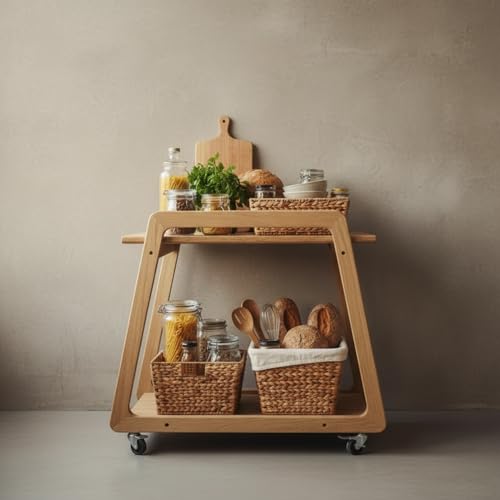 Image of Multipurpose Wood Trolley Storage Organiser and Kitchen Supplies Fruits, Vegetables, Onions, Cutlery, and a Trapezoid-Shaped Kitchen Storage Rack with 2 Layers Narural Color