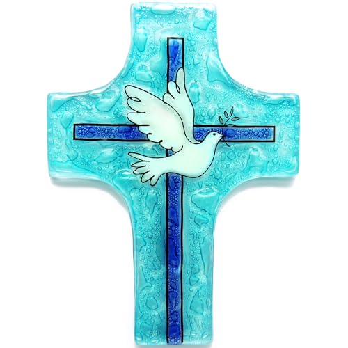 Bolla Glass Art - White Dove Cross - Handmade Fused Glass Wall Hanging, 4 x 2.9-Inch Christian Home Décor, Peace Symbol, Memorial Gift, Baptism Ornament, Unique Artisan Craft