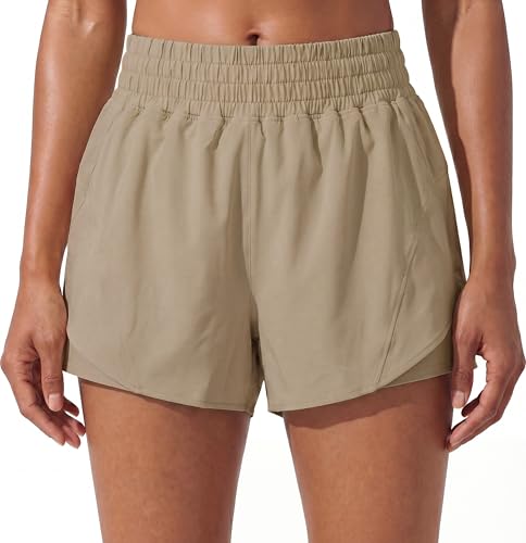 PrinStory Athletic Shorts for Women High Waisted 2 in 1 Running Quick Dry Gym Workout Shorts with Zipper Pockets Khaki-M