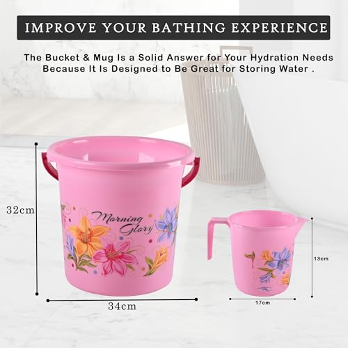Image of Heart Home (Set of 6) Bathroom Bucket & Mug Set | Bathroom Combo Set for Bathroom, Hotels, Laundry (Each 3 Pieces) Bucket-18 L & Mug-500 ml Bathing Set | Bathroom Accessories Set | Pink