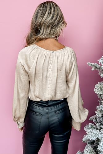 Elegant Sequin Cuffs Blouse with Bubble Sleeves - Apricot3
