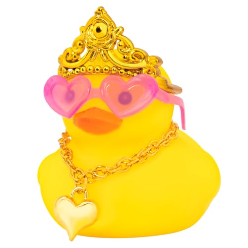 wonuu Car Decorations Rubber Ducks, Dashboard Crown Rubber Ducky for Car Ornament Cute Duck with Crown, Glasses, Necklace, Gold Pearl Gold Necklace