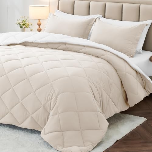 Oversized King Comforter Set 7-Piece, Reversible Bed in a Bag, Beige/White