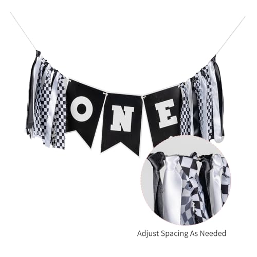 Image of Race Car First Birthday Highchair Banner, Pre - strung Black & White Checkered inchONE inch Garland for Boys' Fast One Party, Cake Smash Photos & Racing Theme Decor