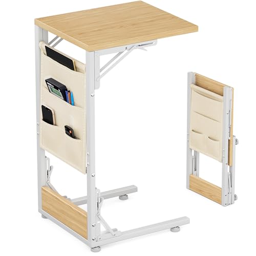 Image of Folding TV Tray Table, Small Folding Side Table with Storage Bag, Portable C Shaped End Table for Couch Sofa Bed, Light Walnut