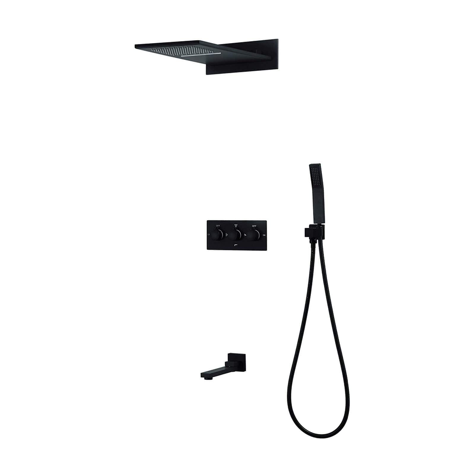AYCDL Shower Faucet Set Matte Black, Waterfall Rainfall Shower Head with Handheld Shower, Brass Shower System with Tub Spout, Rain Mixer Shower Set