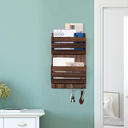 Mooace Mail Organizer Wall Mount With Key Hooks, 2-Slot Wood Mail And Key Holder For Wall Decorative, Wall File Organizer Letter Sorter Rustic Home Decor Floating Shelf For Entryway Office #TOP7