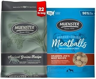 Muenster Ancient Grains Dry Dog Food 22lb + Freeze-Dried Chicken Meatballs | Adult formula, small & large breeds, gluten-free, Non-GMO, high-protein, digestible, USA made, meatballs as topper or treat