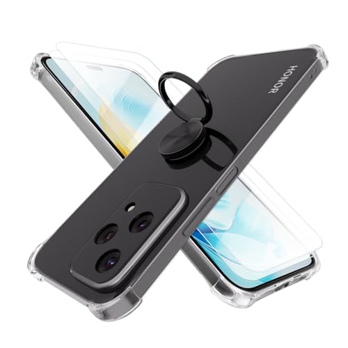 Coque Honor 200 Lite 5G transparente en silicone avec anneau rotatif noir