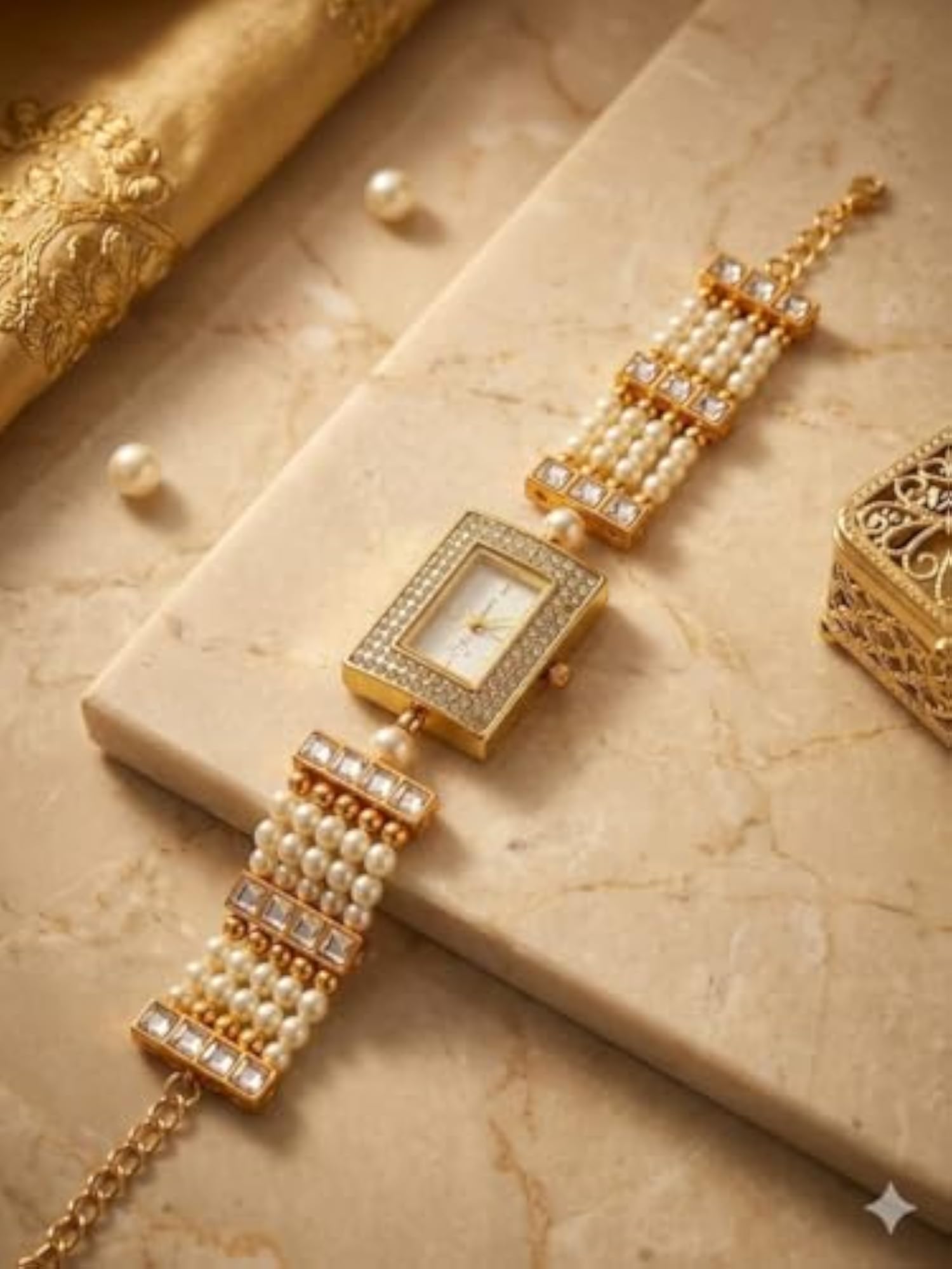 Women's Pearl Bracelet Watch with Crystal Studded Dial