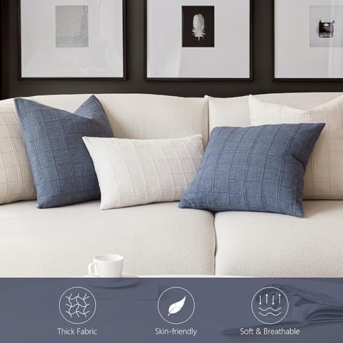 Image of Foindtower Set of 1 Decorative Linen Check Throw Pillow Cover Neutral Farmhouse Vintage Cushion Cover Modern Coastal Boho Home Decor for Sofa Chair Couch Bedroom Living Room,24x24 Inch,Blue