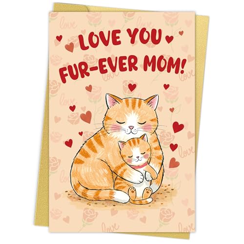 BINVASDS Cat Mom Mothers Day Card, Cute Mothers Day Card for Cat Lovers, Cat Mom Birthday Card from Cats- Love You Fur-Ever Mom