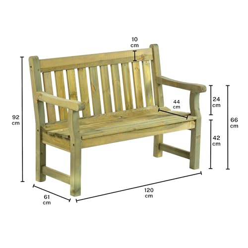 BrackenStyle Darwin 120cm 2 Seat Wooden Garden Bench - Dip Treated Scandinavian Pine Timber Outdoor Patio Natural (Green Pine)