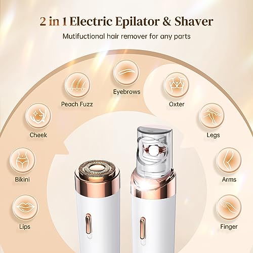 Facial Hair Remover for Women, 2-in-1 Epilator for Women with LED Light, Waterproof Mini Portable Lipstick Design, Electric Epilators Painless Lady Shavers for Face, Bikini Area, Lip, Chin, Leg, Arms