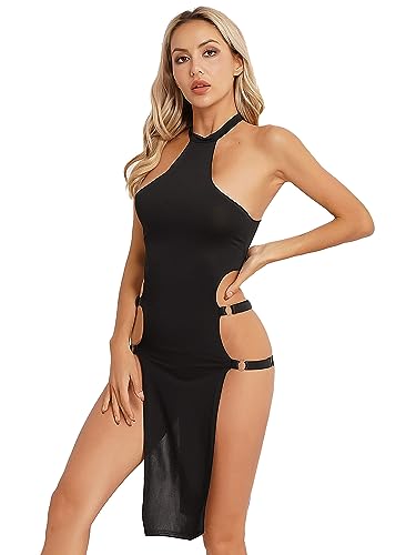 CHICTRY Cut Out Kleid Damen Sexy Neckholder Midikleid Stretch Einfarbig Ärmellos Cheongsam Qipao Kleid High Cut Partykleid Mit Verstellbar Träger...
