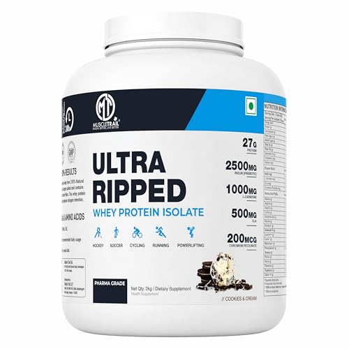 Image of MuscleTrail Pharma Grade Ultra Ripped Whey Protein Isolate Premium Protein for Men & Women 27g Protein per Serving Supports Muscle Growth Strength & Recovery L-Carnitine (2Kg,Cookies & Cream)