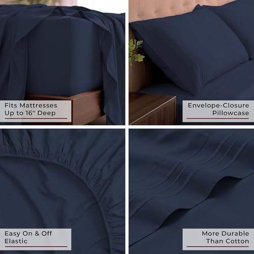 Image of Mellanni King Sheets Set - 4 PC Iconic Collection Bedding | Hotel Luxury, Extra Soft, Cooling Bed Sheets - Wrinkle, Fade, Stain Resistant (King, Navy Blue)