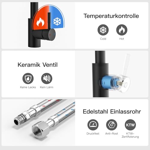 Rainsworth Schwarz Wasserhahn Küche mit Brause Ausziehbar - Hochdruck Küchenarmatur mit Zwei Wasserstrahlarten, Spültischarmatur 360° Drehung, Mischbatterie Küche aus Edelstahl Einfache Installation