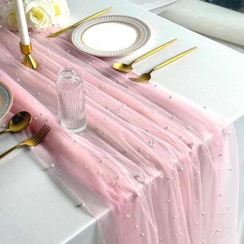 Pink Table Runner 120 Inch 10FT Tulle Gauze Fabric Table Runners with Pearls 1 Piece Sheer Lace Tables Decor for Dining Wedding Birthday Baby Shower Valentines Day Home Holiday PartyPink