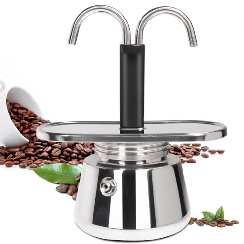 Hipzeepo Cafetera de Acero Inoxidable de 2 Tazas con Doble Tubo para Moka, Cafetera de Café Expreso y Cafetera