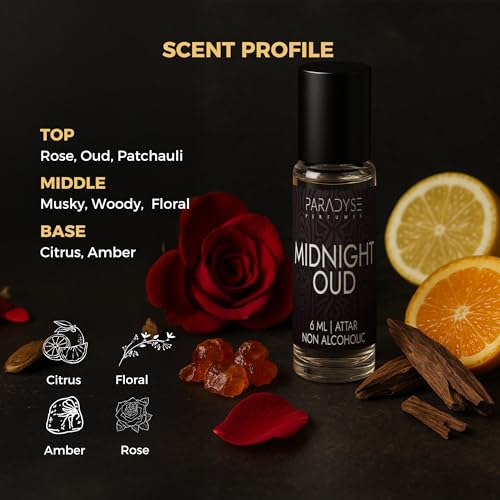 Image of Midnight Oud Attar | Non-Alcoholic Perfume Oil Roll on | Luxury Attar | Musky, Woody & Floral Perfume | Premium and Long lasting | 6 ml (Midnight Oud)