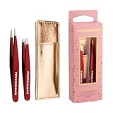 Tweezerman Set de mini-pincettes (pincettes à sourcils pour une épilation précise avec étui en cuir), Vintage Rose