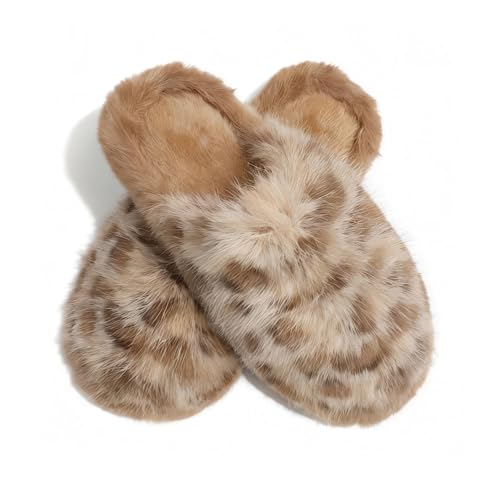 PXPUIQ Womens Faux Fur Leopard Slippers Plush Cheetah Print House Shoes with Non-Slip Sole Lightweight Indoor Outdoor Winter Slippers for Women