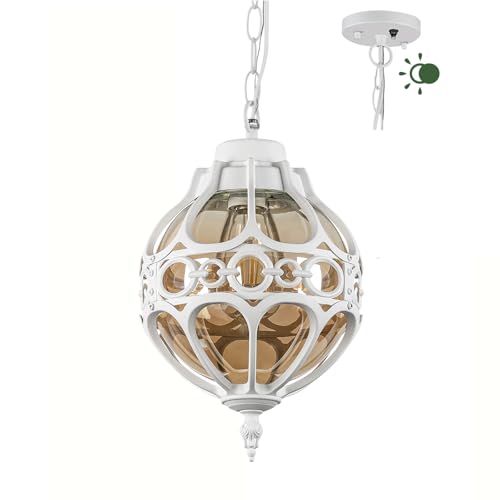 Dusk to Dawn Globe Outdoor Pendant Lights, White Porch Hanging Lantern Pendant Lighting, Outside Aluminum Waterproof Adjustable Ceiling Light, Vintage Amber Glass Exterior Chandelier