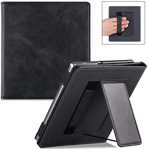 BOZHUORUI Kindle Oasis Case with Stand (fits 7 inch - 9th Generation 2017 Release and 10th Generation 2019 Release) - PU Leather Sleeve Cover with Hand Strap and Auto Sleep/Wake (Rock Black)