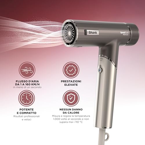 Shark Speedstyle Pro Flex Asciugacapelli, Alte Prestazioni, Alta Velocità, 4 Accessori Styling, Leggero, Ionico, Non Danneggia I Capelli, Manico Pieghevole, Tutti I Capelli, Argento Mocha HD542EU - 5