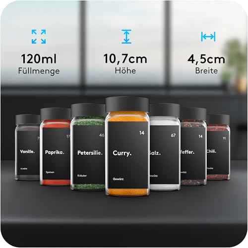 ZMILLA® Gewürzgläser Set Schwarz [24 Stück] Eckig mit Streueinsatz | Inklusive 240 Etiketten + Acrylstift + Aluminiumtrichter | Aufbewahrung Gewürze