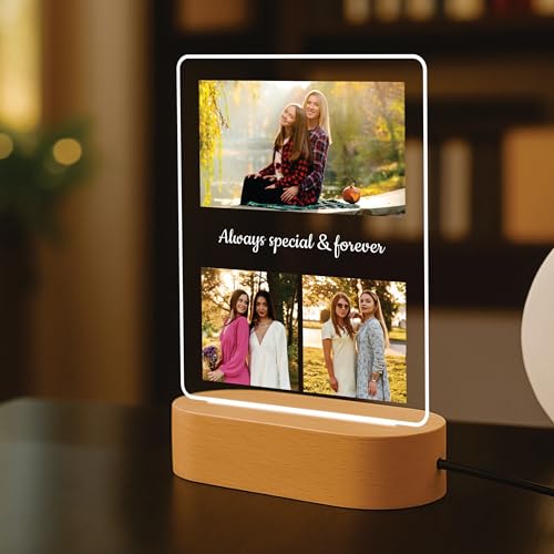 Image of Giftplease Personalised Rakhi Gift for Sister - Custom Acrylic Photo Collage Frame with Wooden Base, Meaningful Raksha Bandhan Keepsake from Brother, Personalized Memory Display for Siblings, Decor