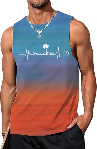 Mens Beach Tank Tops Summer Vacation Muscle Top Hawaiian Graphic Sleeveless Shirts for Beach Workout