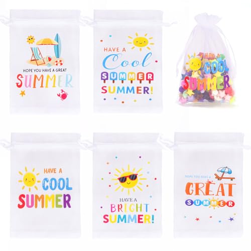 joycraft 30Pcs Summer Organza Bags - 4x6In End of School Year Drastring Gift Bags 5 Style Have a Bright Summer Party Bags for Vacation Graduation Classroom Office